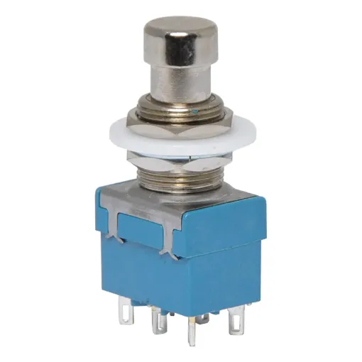 The sturdy little stomp switches that you find on guitar effects pedals. 
Switch Type: DPDT momentary 
Contact rating: 4A @ 250V AC 
Contact resistance: <80m&Omega 
Mounting hole diam.: 12mm