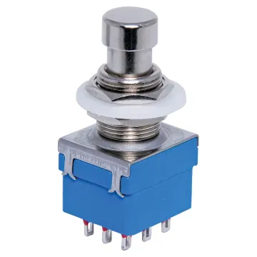 Commonly used guitar effects pedals, stomp boxes etc. Push on, push off type.
Contact rating:	4A @ 125VAC, 2A @ 250VAC
Contact resistance:	<20mΩ
Mounting hole diam.:	12mm