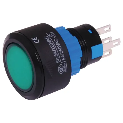 Mech. lifetime:	1M operations min
Electrical life:	≥50,000 operations min
Electrical rating:	250V AC 5A
LED:	12V (inbuilt resistor)