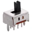 Slide switch with PCB mount locating pins, 6 brass contact terminals and plastic actuator.