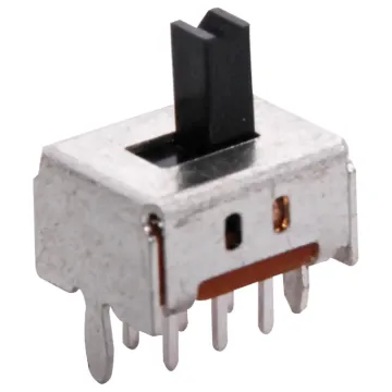 Slide switch with PCB mount locating pins, 6 brass contact terminals and plastic actuator.