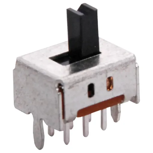 Slide switch with PCB mount locating pins, 6 brass contact terminals and plastic actuator.