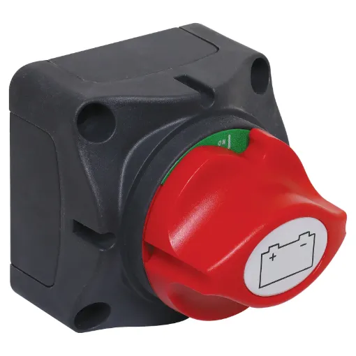 Rotary on/off master switch for high current DC circuits and battery banks.
