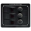 Features 3 x 20A 12V DC rated switches with red illuminated with individual 15A DC breakers.  
114W x  96H x 60Dmm.