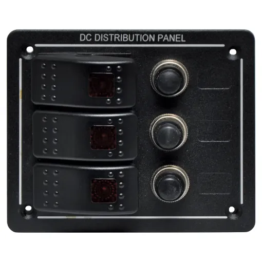 Features 3 x 20A 12V DC rated switches with red illuminated with individual 15A DC breakers.  
114W x  96H x 60Dmm.