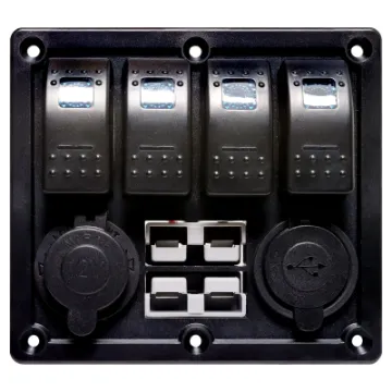 Switch all your gear on and off with this handy power control plate for cars, caravans and 4WDs. Includes; 4x Rocker switches with blue LED, 2x 50A Anderson style connectors with covers, 1x 12V Car Accessory socket and 2x 5V USB Type-A Ports.