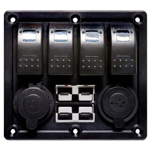 Switch all your gear on and off with this handy power control plate for cars, caravans and 4WDs. Includes; 4x Rocker switches with blue LED, 2x 50A Anderson style connectors with covers, 1x 12V Car Accessory socket and 2x 5V USB Type-A Ports.
