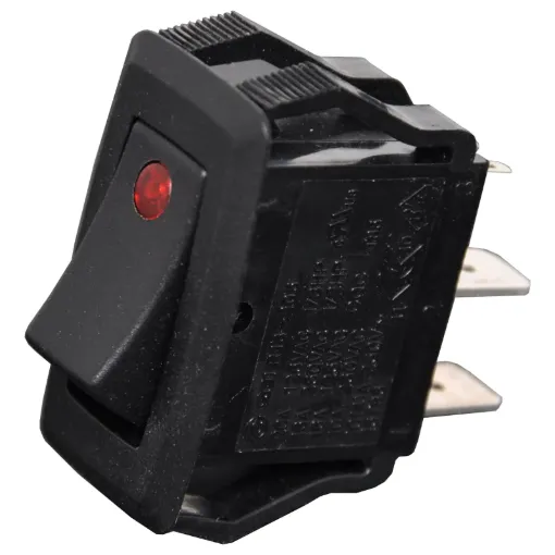 Switch Type: SPST
Contact Rating: 10A @ 250V AC
LED (S 3226): Red, 1.8V DC
Panel Cutout: 27.6 x 13.8 mm 
Electrical Life: 20,000 Cycles
Mechanical Life: 100,000 Cycles
Contact Resistance: <50mR
Insulation Resistance: >100MR
Dielectric Strength: >1500V AC 1 Minute