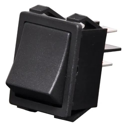 A heavy duty DPDT momentary ON/OFF panel mount rocker switch. The switch configuration is momentary one way, returning to centre-off after release. Rated for 16A @ 250V AC for use with mains powered equipment.