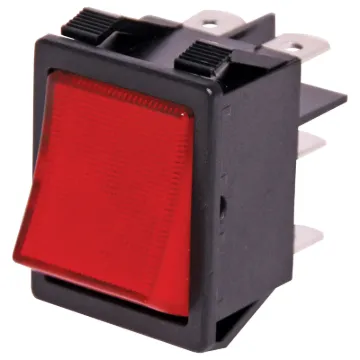 A full illuminated DPDT heavy duty rocker switch for panel mounting into equipment and control panels. Electrical contacts are rated to 15A @ 250V AC.