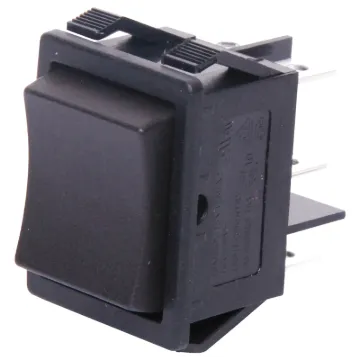 A heavy duty DPDT 'centre-off' panel mount rocker switch. The switch configuration is momentary each way, returning to centre-off after release.