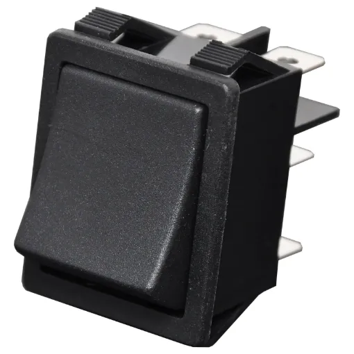 Heavy duty DPDT panel mount rocker switch with a 15A @ 250V AC contact rating for high current mains applications. Excellent mechanical and electrical life specifications.
