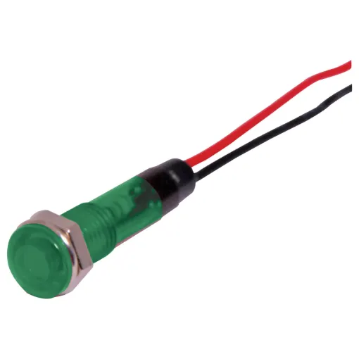 Mounting hole: 6.7mm &Oslash.
Mounting depth: 27mm
Maximum panel thickness: 6.5mm
Lead length: 90mm.