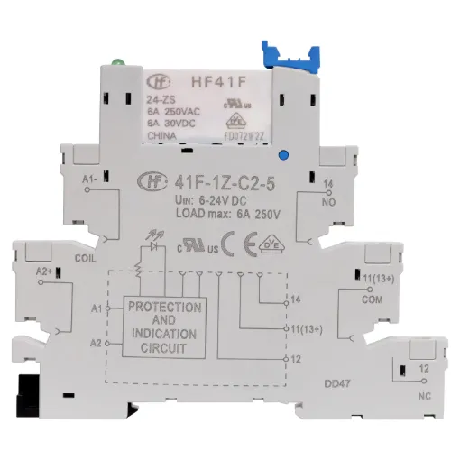 A super slimline DIN rail mount relay designed for industrial switching applications. Suits standard 35mm DIN rail. Supplied with 24V DC coil relay.