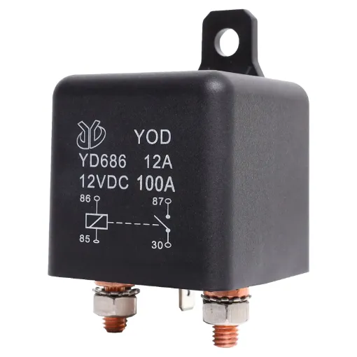 Suitable for high current DC automotive applications. Not suitable for AC use. M6 bolt for contact load connection. 6.3mm spade terminals for contact coil connection.
