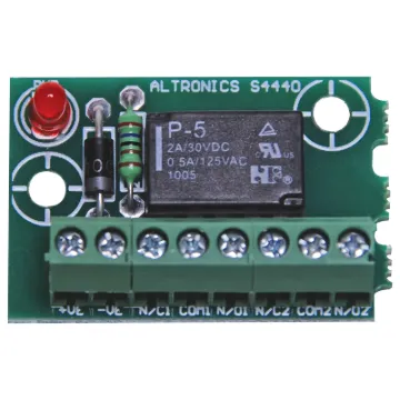The S 4442 is a handy  relay board fitted with 12V (S4136) relays. Two sets of changeover contacts are provided.  An on board LED illuminates when the relay is activated.
For 5 way "snap off" strip relay board see S 4443.

For 5V operation use S 4440 b