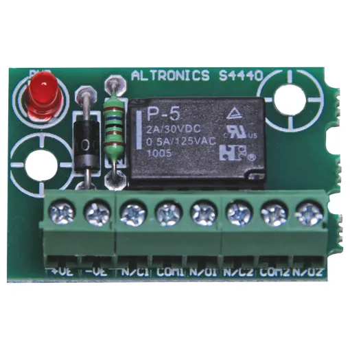 The S 4442 is a handy  relay board fitted with 12V (S4136) relays. Two sets of changeover contacts are provided.  An on board LED illuminates when the relay is activated.
For 5 way "snap off" strip relay board see S 4443.

For 5V operation use S 4440 b