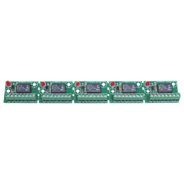 The S 4443 is a handy 5 way "snap off" strip board fitted with 5x 12V (S4136) relays. Two sets of changeover contacts are provided.  An on board LED illuminates when the relay is activated.
  

For 5V operation use S 4441 board.
For 24V operation use