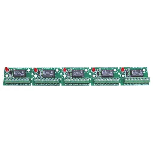 The S 4443 is a handy 5 way "snap off" strip board fitted with 5x 12V (S4136) relays. Two sets of changeover contacts are provided.  An on board LED illuminates when the relay is activated.
  

For 5V operation use S 4441 board.
For 24V operation use