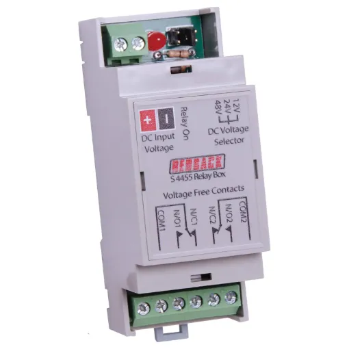 The S 4455 is a DIN rail mountable relay box with 2 sets of voltage free changeover contacts. Each set of contact terminals have a N/O (normally open), N/C (normally closed) and a common connection.