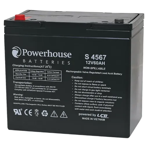 This 12V 60Ah sealed lead acid (SLA) battery is a compact battery for powering 12V equipment.
