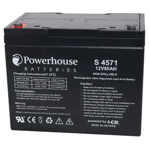 This 12V 80Ah sealed lead acid (SLA) battery is a compact battery for powering 12V equipment.
