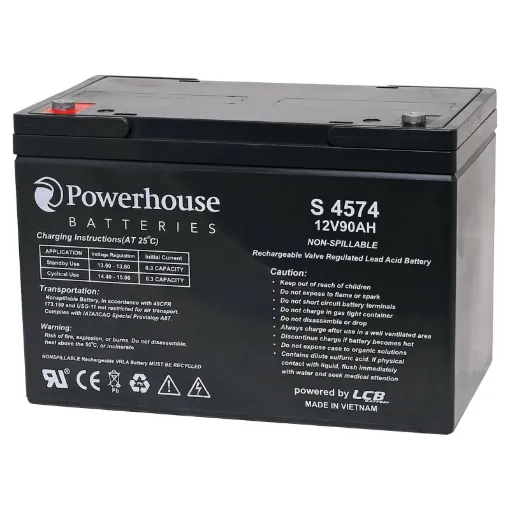 This 12V 90Ah sealed lead acid (SLA) battery is a compact battery for powering 12V equipment.