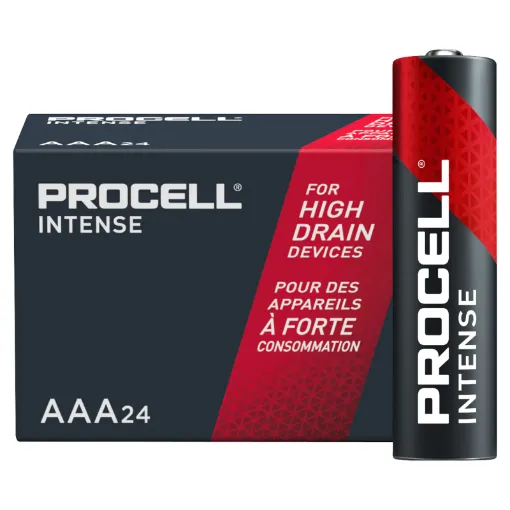 AAA size, pack of 24. Procell Alkaline Intense AAA industrial batteries are specifically designed to last longer in high drain professional devices that require a high amount of power or peaks of power, such as blood Pressure monitors, soap dispensers or flashlights.
