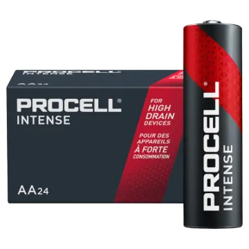 AA size, pack of 24. Procell Alkaline Intense AA industrial batteries are specifically designed to last longer in high drain professional devices that require a high amount of power or peaks of power, such as electronic door locks, soap dispensers or security cameras.
