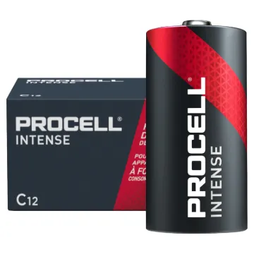 C size, pack of 12. Procell Alkaline Intense C industrial batteries are specifically designed to last longer in high drain professional devices that require a high amount of power or peaks of power, such as a soap dispenser.