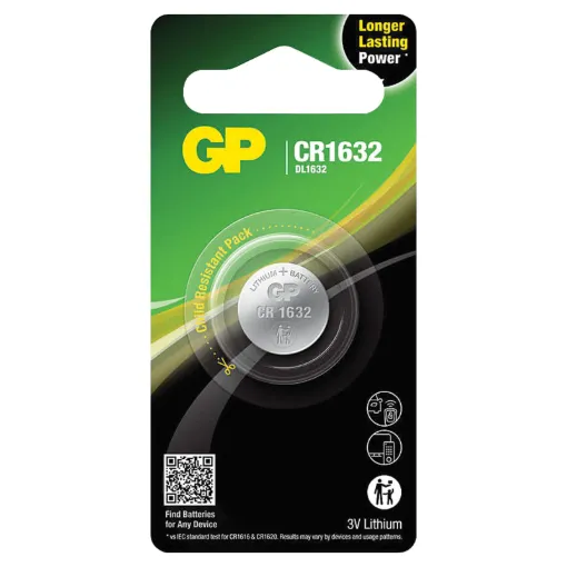 GP high-performing lithium coin batteries CR1632 are energy-dense and is crafted to deliver long-lasting superior power for your miniature specialty devices including car keys, thermometers, smart watches, garage door openers and more.