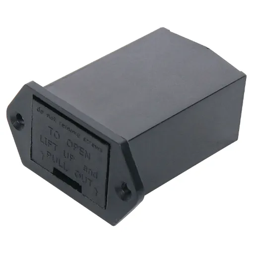 Fits into similar dimensions as an IEC power socket.  Slide in battery drawer locks into place. Mounting depth 55mm.
