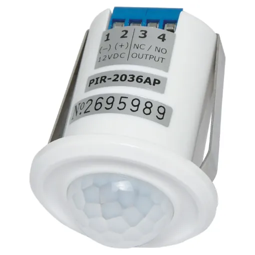 An ultra compact PIR motion detection unit suitable for installation directly into the ceiling. 120° beam provides 6-8 metres of conical detection coverage when mounted on the typical 2.4-3m ceiling. 12V DC input. Mounting hole size: 31mm. Dimensions: 40Ø x 52mm.
