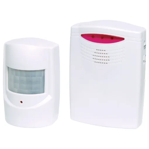 A handy motion activated chime unit for shops to notify staff when customers arrive. 120m range. Requires 3xAAA batteries & 3xC batteries.