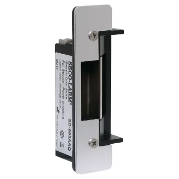 Door strike for controlling building access points. Reversible design suits left or right hand hinged doors.