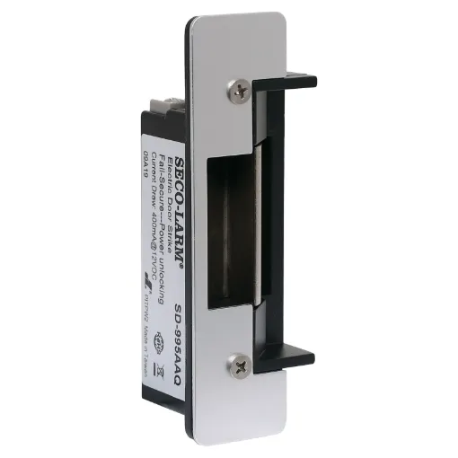 Door strike for controlling building access points. Reversible design suits left or right hand hinged doors.