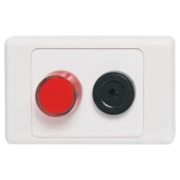 A wallplate fitted with an S 6114 90dB pulsating siren and an S 4030 24V DC red indicator lamp. Designed to provide a visual and audible alert when 24V DC power is applied (such as from A 4471 power fail monitor).