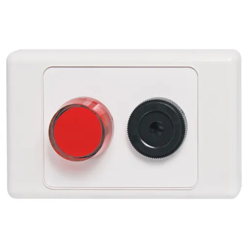 A wallplate fitted with an S 6114 90dB pulsating siren and an S 4030 24V DC red indicator lamp. Designed to provide a visual and audible alert when 24V DC power is applied (such as from A 4471 power fail monitor).