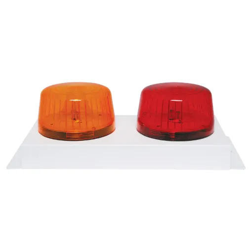 Low current draw dual red and amber coloured strobe lights for emergency evacuation systems. Housed in a sturdy, white powder-coated steel case, this unit is designed for professional installers of fire and evacuation systems. Features simple bolt on inst