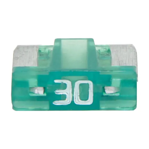 Low profile mini blade fuses rated from 3A to 30A.