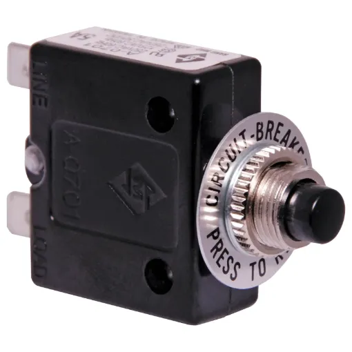 All specifications at 25&degC
Hold Current: 100% load indefinitely
Trip Current: Within 1 hr @ 145% load
 Within 1 minute @ 200% load
Max. Voltage:  250V AC or 50V DC
Panel Cutout: Single hole mount 12mm &Oslash
Dimensions:  36H x 31L x 15W mm