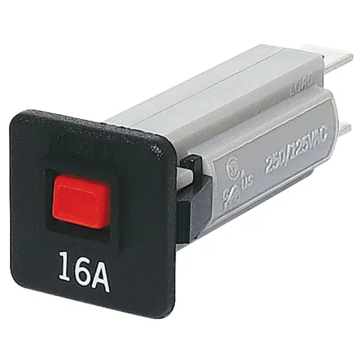 16A circuit breaker.
Flush mount style.
Snap-in fitting with coloured button.