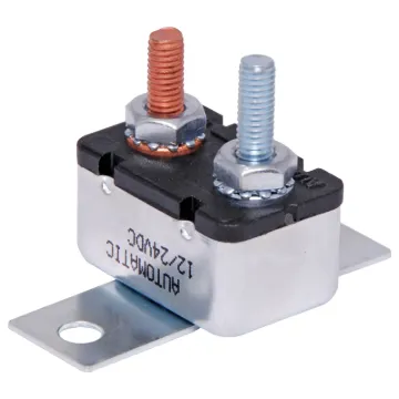 Single pole stud type 50A DC circuit breaker with surface mounting tabs. Ideal for use in vehicles. Auto reset. Current ratings at 12V/24V DC. Meets SAE J553 standard (Type 1). M10 x 32mm stud connection. Includes hardware.