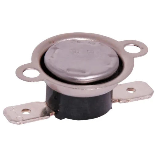 Self resetting. Breaks at 100C. 10 amps 250V AC. Mounting hole centres 23.5mm. Contact surface 16mm. Normally Open  Contact, Auto Reset.