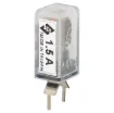 Current Trip Rating: 1.5 Amp
All specifications at 25&degC
Hold Current: 100% load indefinitely
Trip Current: Within 1 hr @ 175% load
 Within 1 minute @ 200% load
Max. Voltage:  120V AC or 12V DC
Dimensions:  20.6H x 10.5L x 8.7W mm