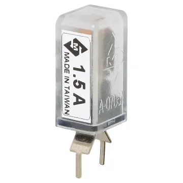 Current Trip Rating: 1.5 Amp
All specifications at 25&degC
Hold Current: 100% load indefinitely
Trip Current: Within 1 hr @ 175% load
 Within 1 minute @ 200% load
Max. Voltage:  120V AC or 12V DC
Dimensions:  20.6H x 10.5L x 8.7W mm