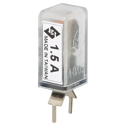 Current Trip Rating: 1.5 Amp
All specifications at 25&degC
Hold Current: 100% load indefinitely
Trip Current: Within 1 hr @ 175% load
 Within 1 minute @ 200% load
Max. Voltage:  120V AC or 12V DC
Dimensions:  20.6H x 10.5L x 8.7W mm