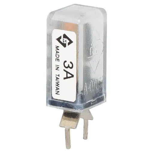 Current Trip Rating: 3 Amp
All specifications at 25&degC
Hold Current: 100% load indefinitely
Trip Current: Within 1 hr @ 175% load
 Within 1 minute @ 200% load
Max. Voltage:  120V AC or 12V DC
Dimensions:  20.6H x 10.5L x 8.7W mm