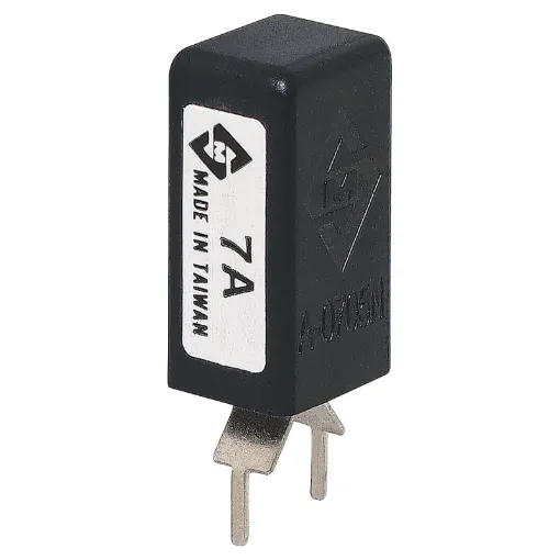 Current Trip Rating:  7 Amp
All specifications at 25&degC
Hold Current: 100% load indefinitely
Trip Current: Within 1 hr @ 175% load
 Within 1 minute @ 200% load
Max. Voltage:  120V AC or 12V DC
Dimensions:  20.6H x 10.5L x 8.7W mm