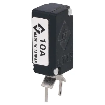 Current Trip Rating: 10 Amp
All specifications at 25&degC
Hold Current: 100% load indefinitely
Trip Current: Within 1 hr @ 175% load
 Within 1 minute @ 200% load
Max. Voltage:  120V AC or 12V DC
Dimensions:  20.6H x 10.5L x 8.7W mm